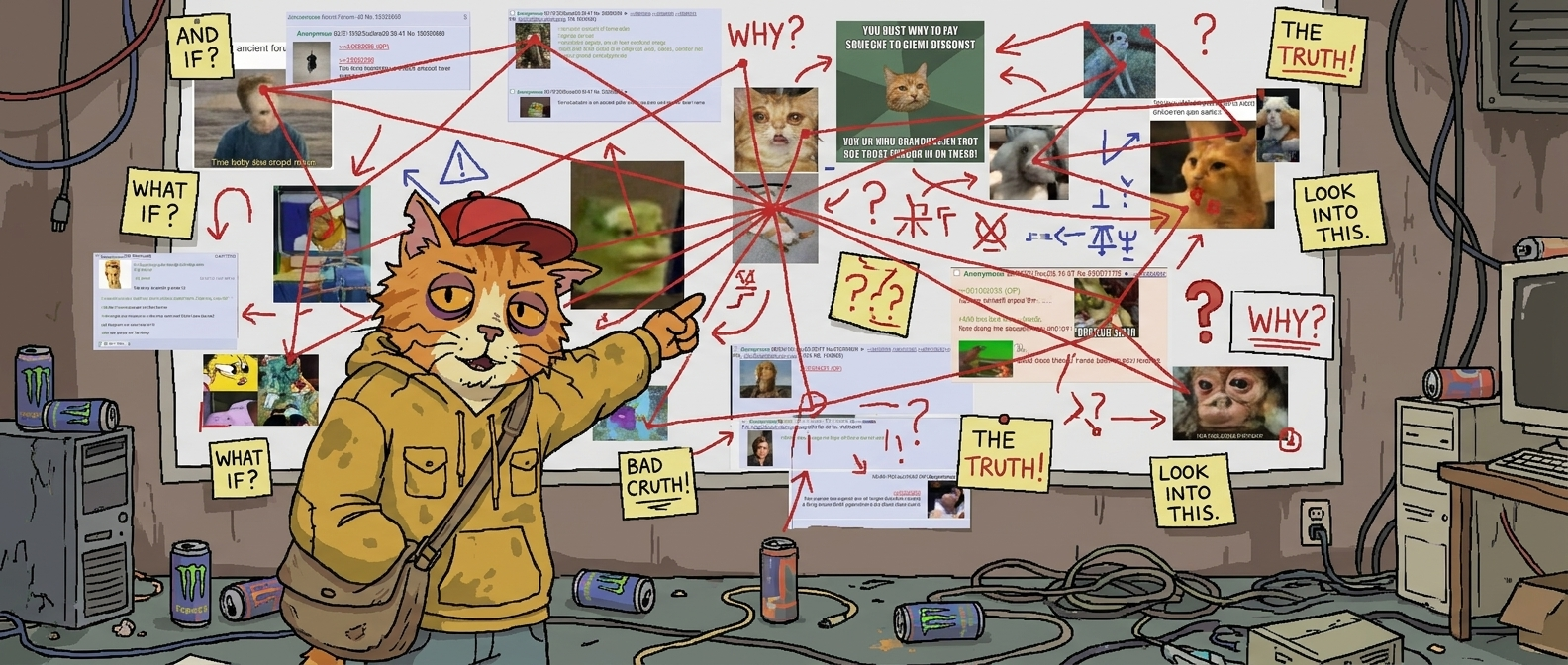 KAY pointing at a chaotic conspiracy board