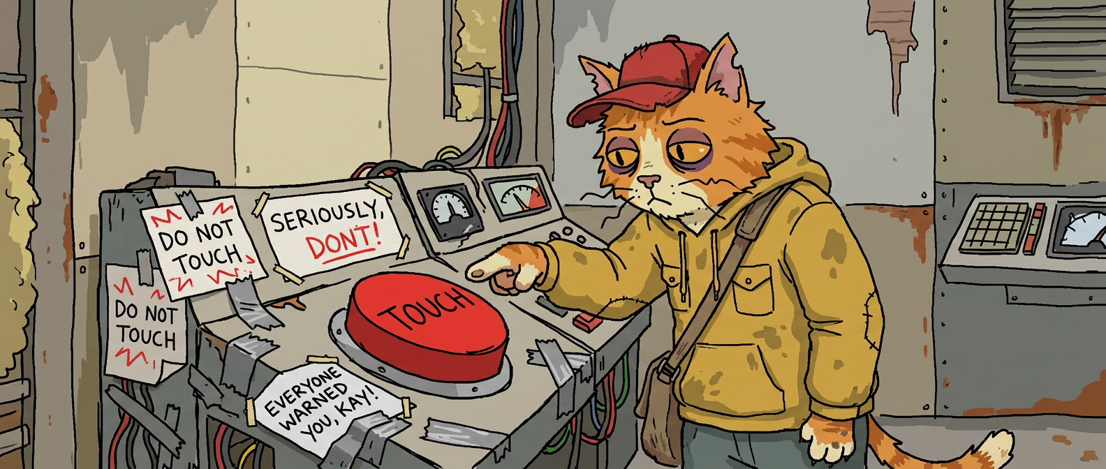 KAY about to press a red button surrounded by warning notes